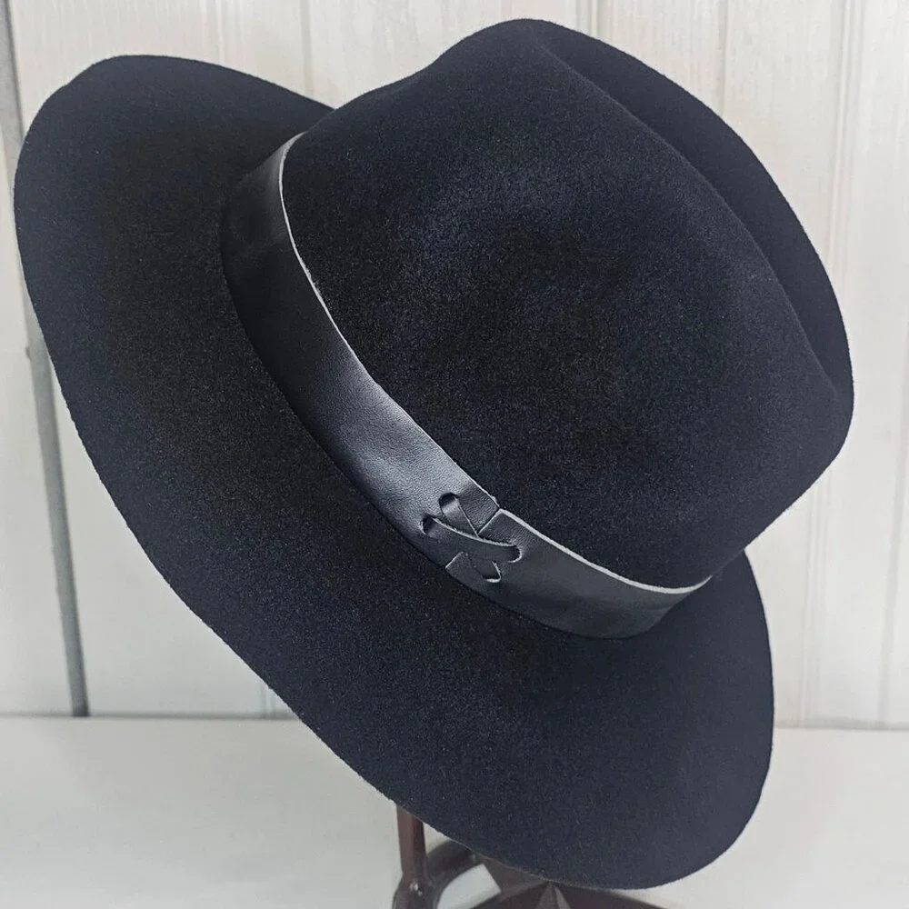 Hat Attack Women's Black Wool Felt Wide Brim Fedora Bucket Hat Floppy Winter USA